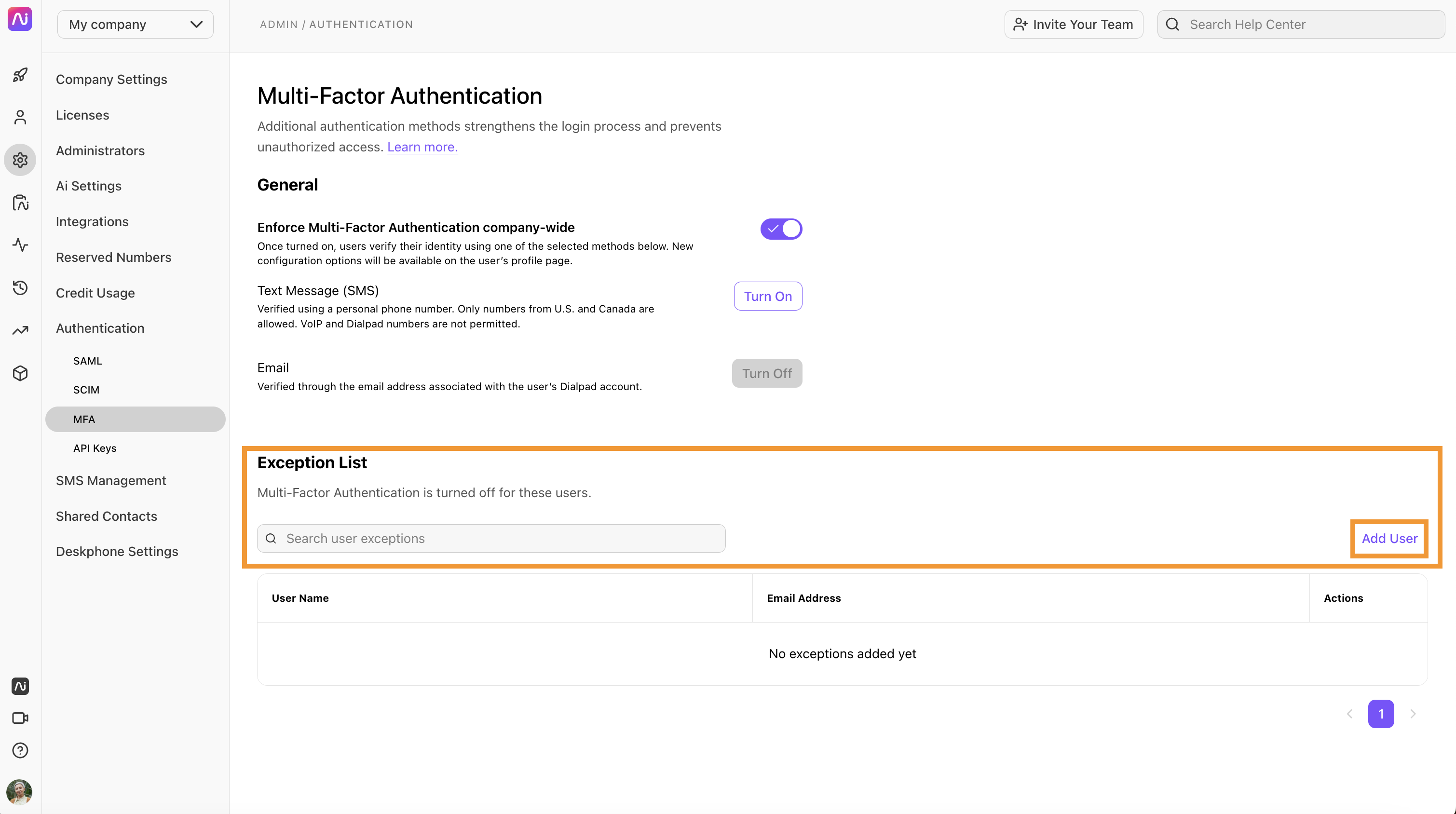 Multi-Factor Authentication settings with an exception list for user management.